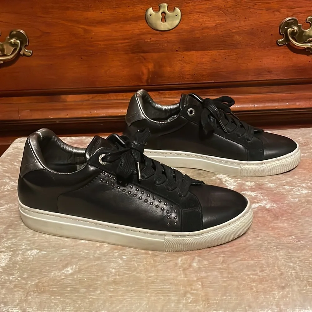 ZADIG & VOLTAIRE Leather Black Silver Studded Lace Up Sneakers ZV1747 $238 EUC 7 - Picture 2 of 7